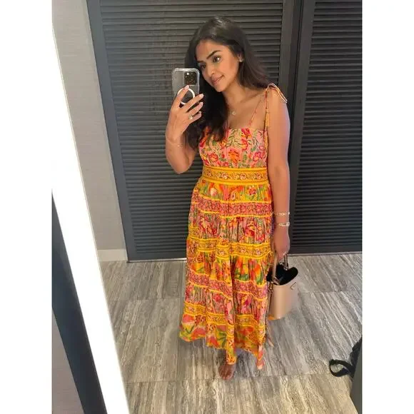 FARM Rio Yellow Pink Floral Tiered Midi Dress - Picture 5 of 12